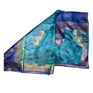Women's ~L Blue Floral Silk Sari
